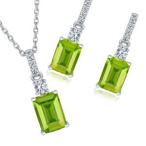 NIB Emerald-Cut Peridot and Created White Sapphire Sterling Silver 3-piece Set